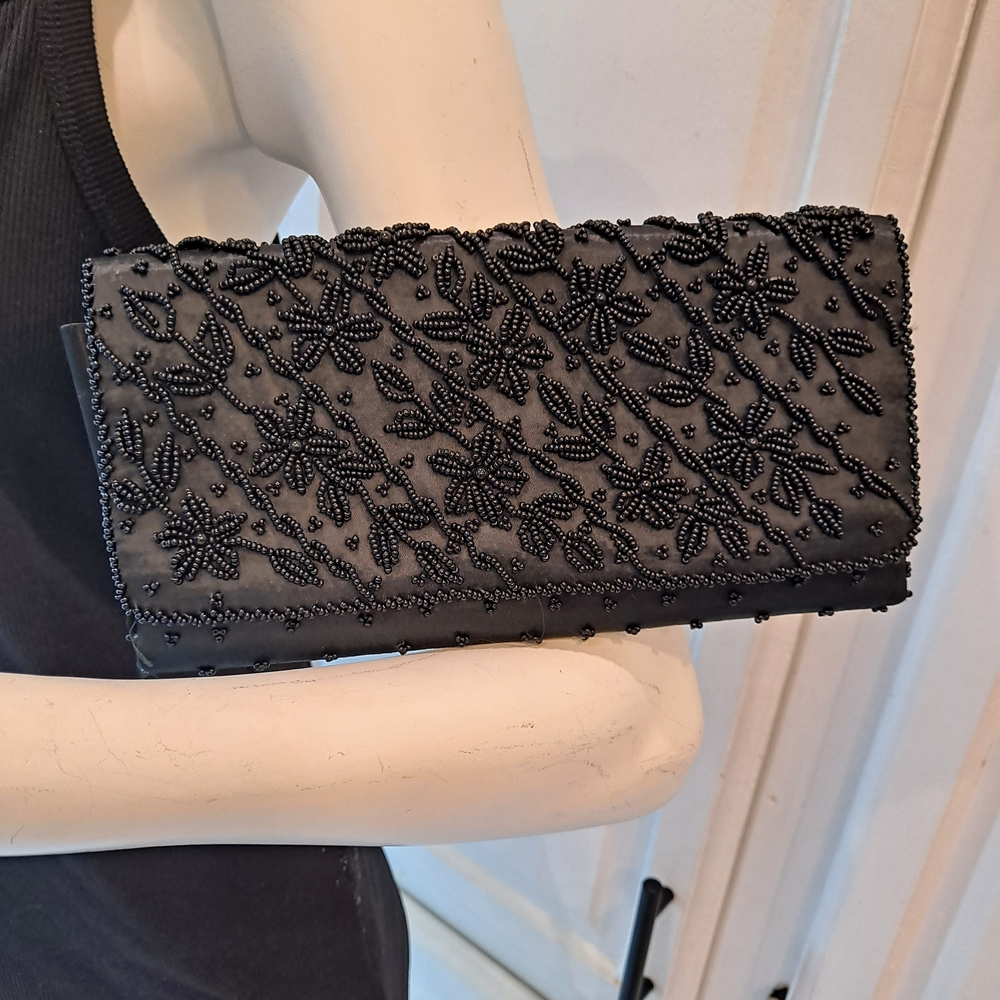 Monarch Chic Black Beaded Floral Clutch 1960s Glamour